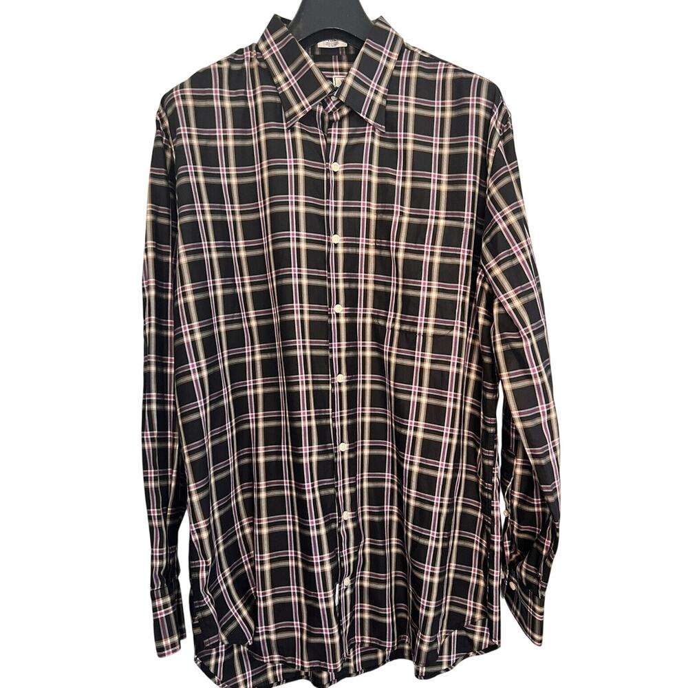 Peter Millar Dress Shirt Size LARGE Black Purple Tan Long Sleeve 100% Cotton
